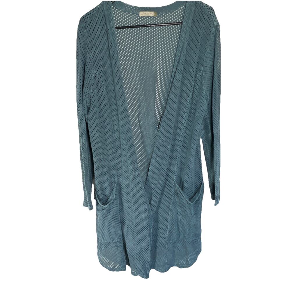 Chalet Open Knit Cardigan Sz L Boho Beach Coastal Fairy Grunge Mesh Duster Blue